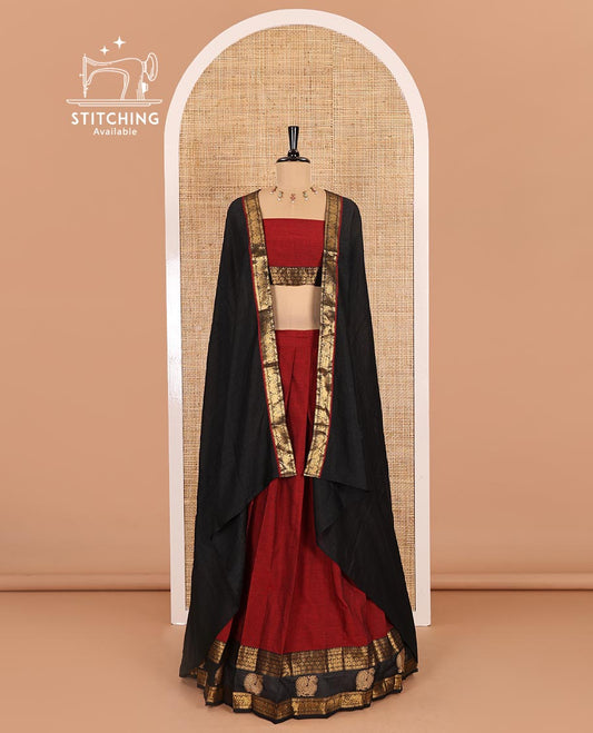 Maroon and black sungudi cotton half-saree, plain with contrast traditional zari peacock motif bordered skirt, matching blouse, and a zari bordered dhavani