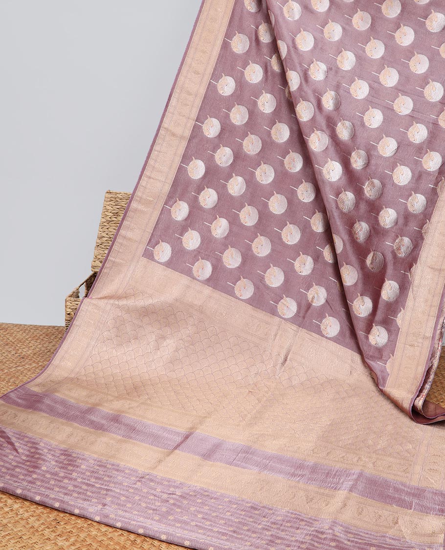 Onion pink round motifs tissue saree with self zari design border & ogee , floral design pallu