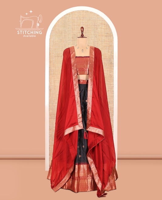 Black-Maroon Semi-Silk Half-Saree Features Zari Buttas Skirt, Contrast Traditional Zari Border, a Matching Blouse, a Contrast Blouse