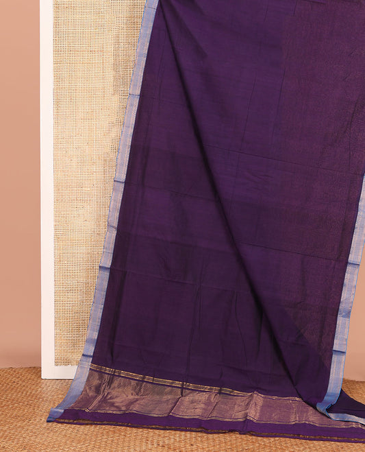 Violet Plain Mangalagiri Cotton Saree, Complemented by Contrast Traditional Zari Design Border, Gleaming Zari Pallu, and Paired with a Matching Blouse