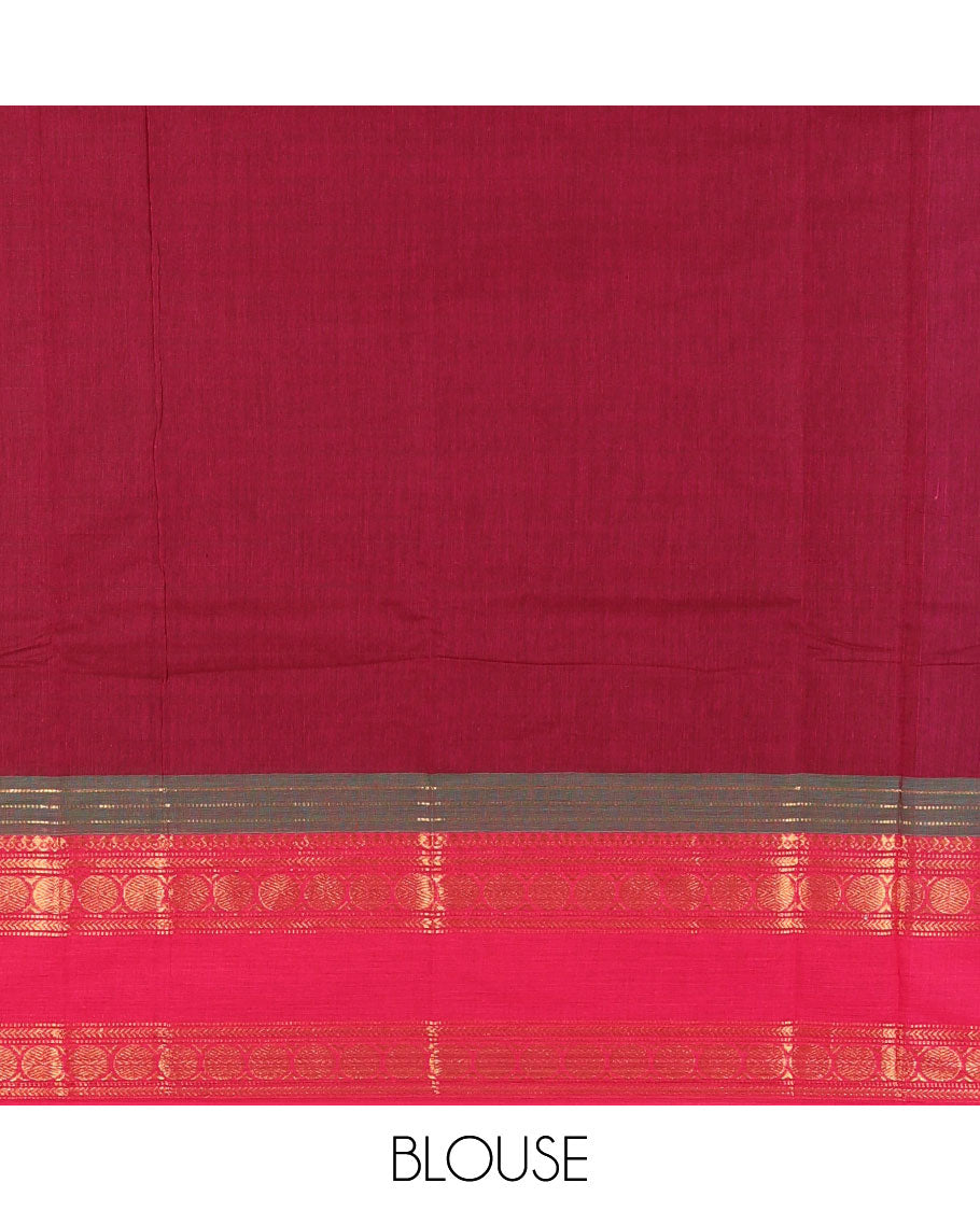 Magenta striped Chettinad cotton saree, contrast rettai rettu rudraksham motif zari border, striped pallu, and matching blouse