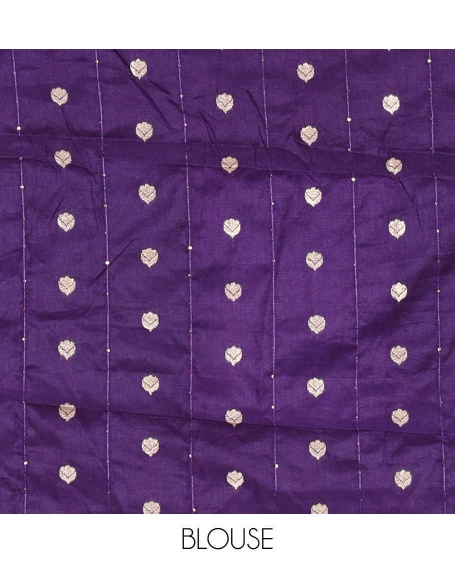 Lavender gold zari vertical striped dola silk saree, contrast traditional zari border of manga design, striped pallu & contrast diamond design blouse