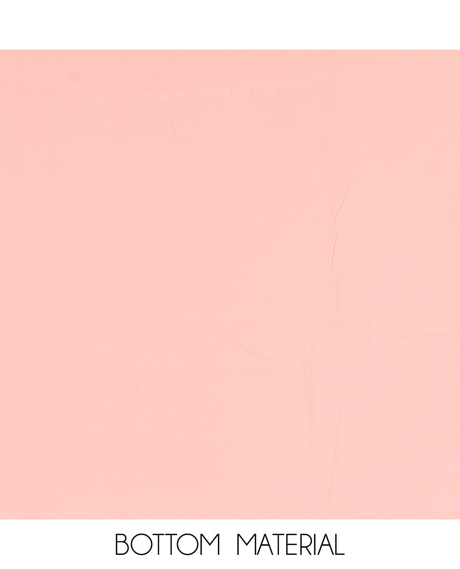 Peach material churidar set, stone work with Schiffli style embroidered georgette top, American Crape bottom, and polka dotted printed mirror work dupatta