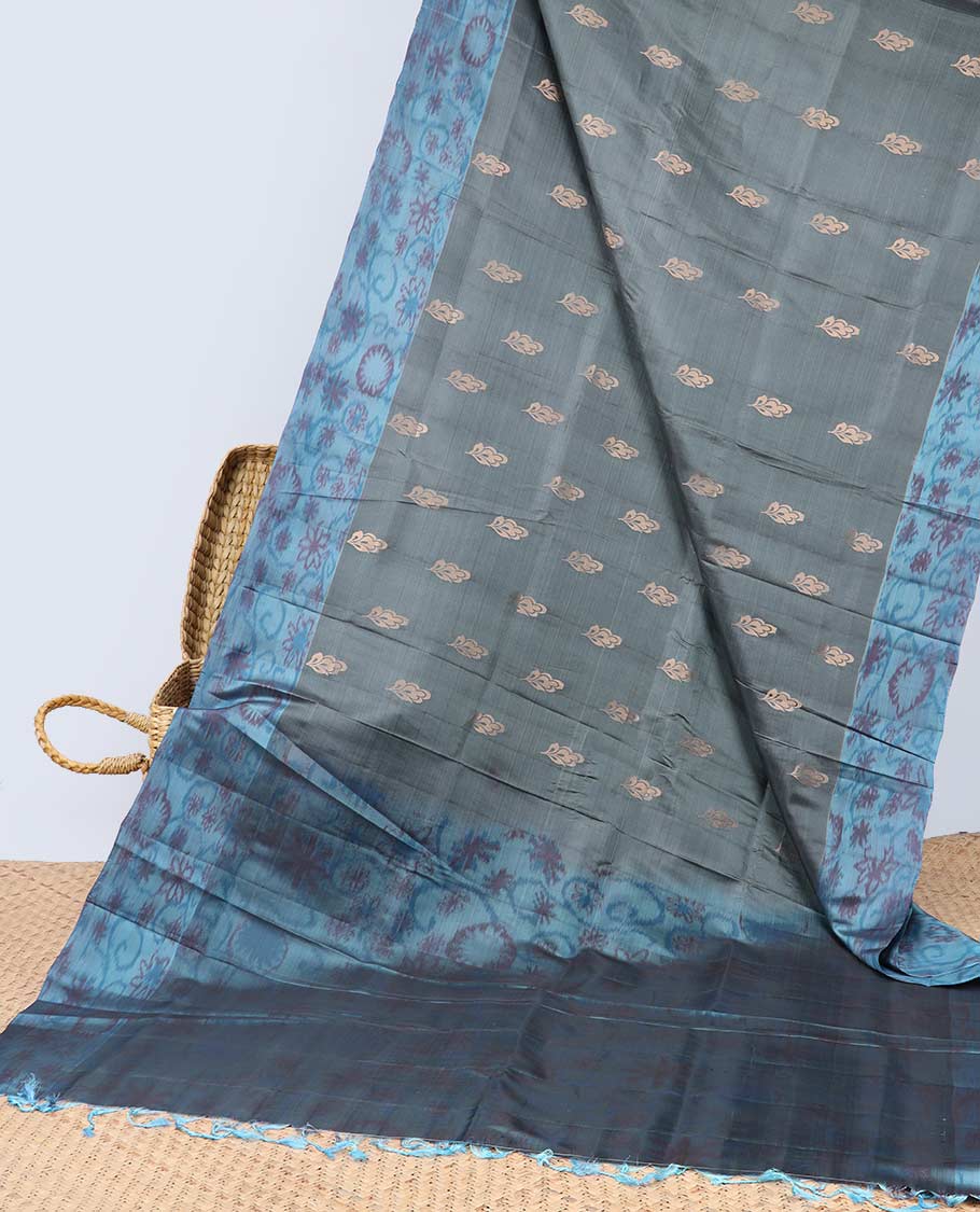 Black floral motifs semi-soft silk saree with contrast border & floral vine design pallu