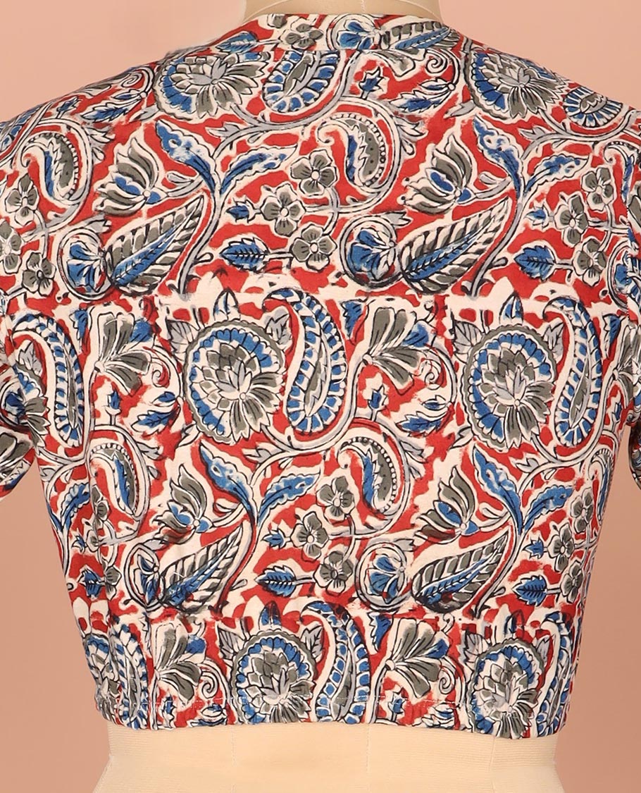 Multi-Color Readymade Blouse Meticulously Printed with Floral-Paisley Vine, Featuring a Front V-Neck, a Back Closed Neck, and Full Sleeves