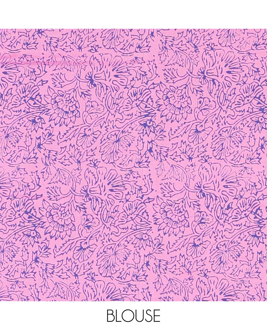 Borderless violet camel motifs and geometric patterns, handblock printed poly cotton saree, handblock printed pallu, and contrast printed blouse