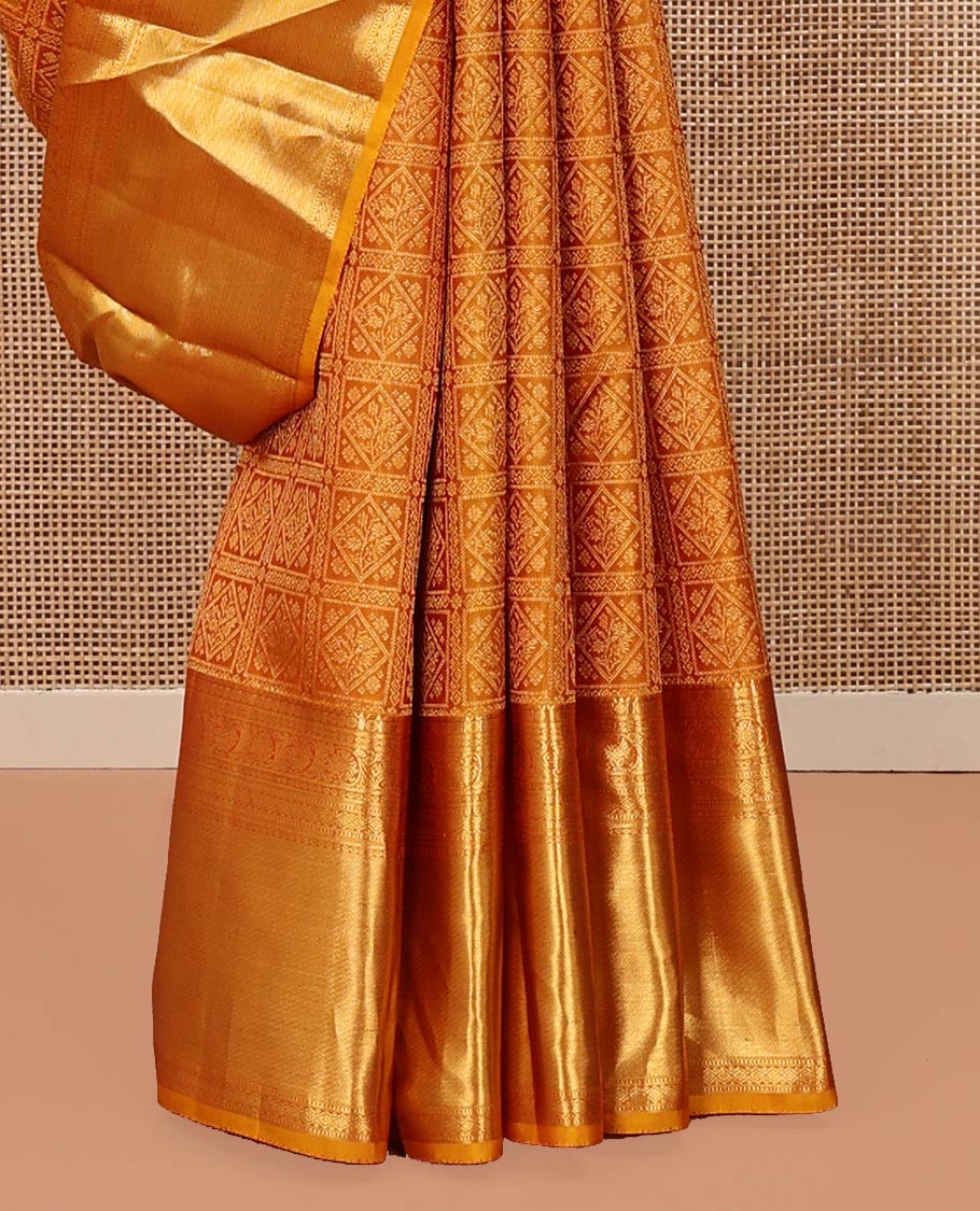 Gold Kanchipuram Wedding Silk Saree, Richly Detailed with Jacquard Design On Its Body, Highlighted by Zari Border of Rekku, Poun, Kodi Visiry, and Diamond Designs, Grand Jaal Pallu and Paired with a Matching Blouse