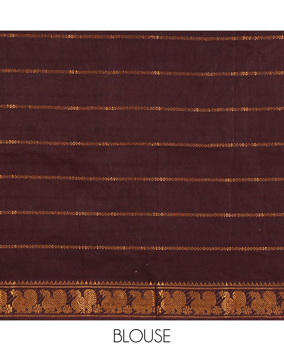 Rani pink zari checked Sungudi cotton saree, contrast zari border decked up with peacock motifs, zari striped pallu & contrast veldhari stripes blouse