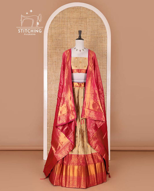 Gold banaras half saree, zari buttas with contrast rani pink traditional zari border skirt, matching blouse, dhavani of zari checks, and buttas
