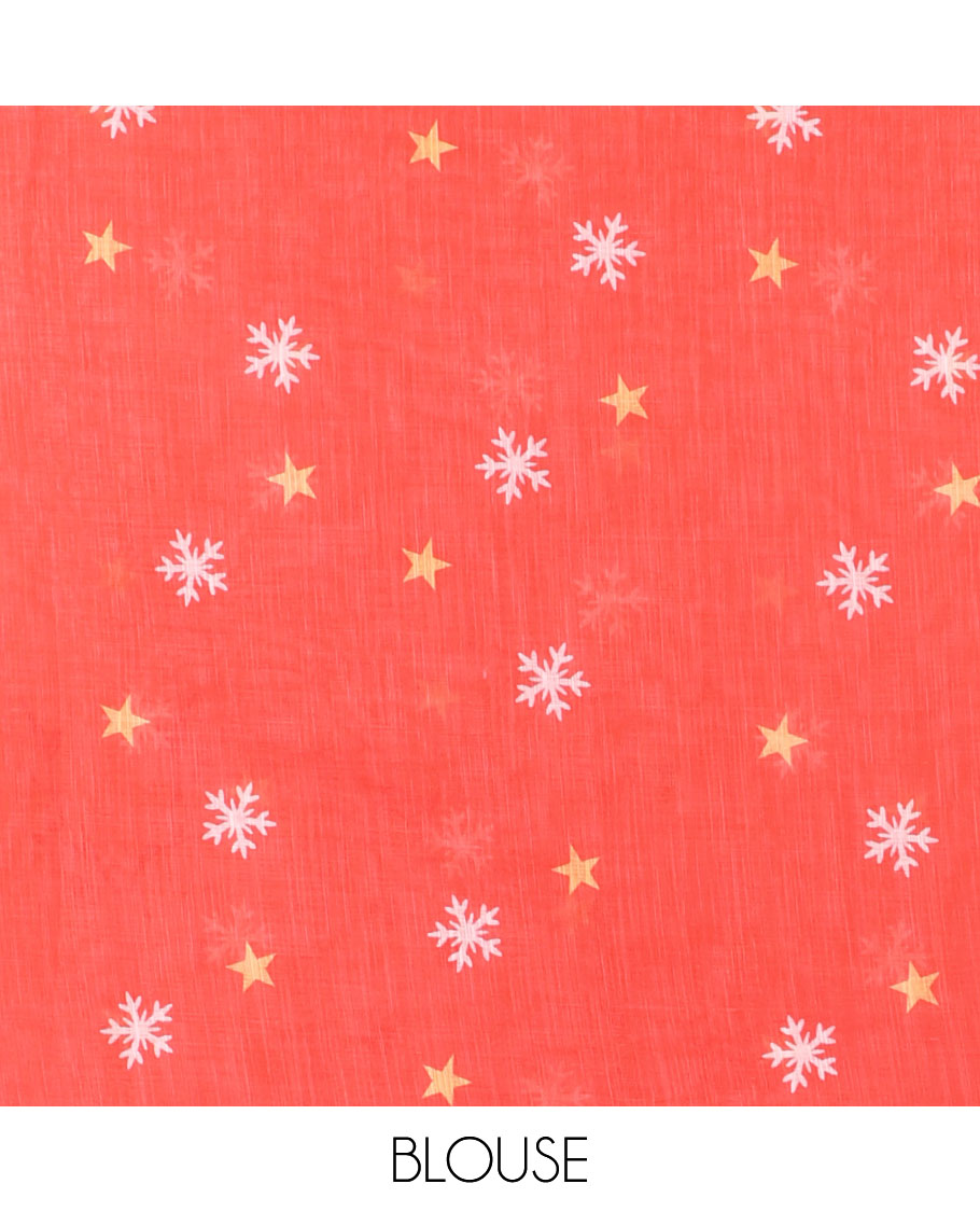 Borderless sandal-base Christmas theme snow flakes, stars, trees, and deer motifs printed linen cotton with a contrast printed blouse of stars and snow flakes