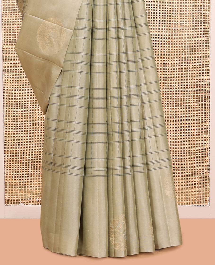 Beige Mayuri Lite Silk Mix Saree, Beautified with Checked Design, Zari Chakram Buttas Border, Vanki Pallu, and a Contrast Blouse