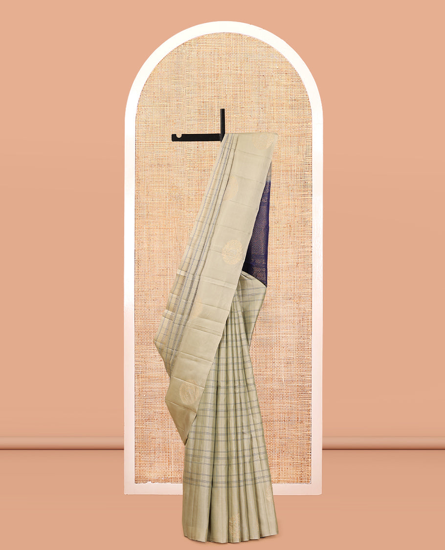 Beige Mayuri Lite Silk Mix Saree, Beautified with Checked Design, Zari Chakram Buttas Border, Vanki Pallu, and a Contrast Blouse