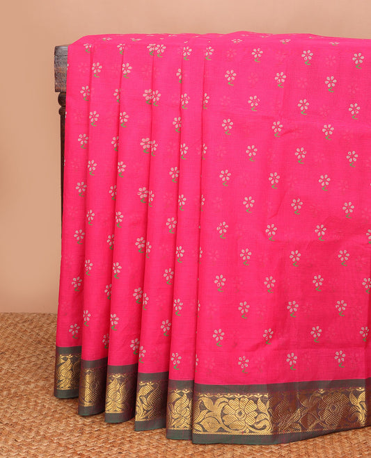 Hot pink flower buttas Andhra cotton saree, contrast traditional zari border & zari striped & diamond pallu