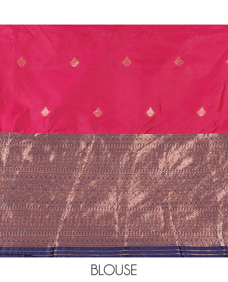 Rani pink taffeta silk half-saree, zari buttas and contrast traditional zari bordered skirt, a matching blouse, and contrast embroidered satin georgette  dhavani