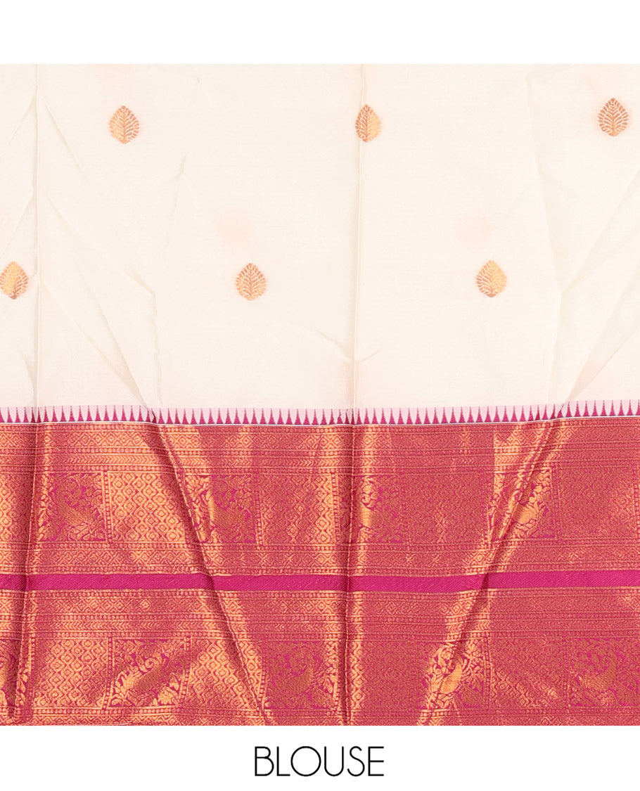 Cream-Wine Banaras-Silk Half-Saree Features Zari Buttas Skirt, a Contrast Traditional Border, a Matching Blouse, a Contrast Dhavani