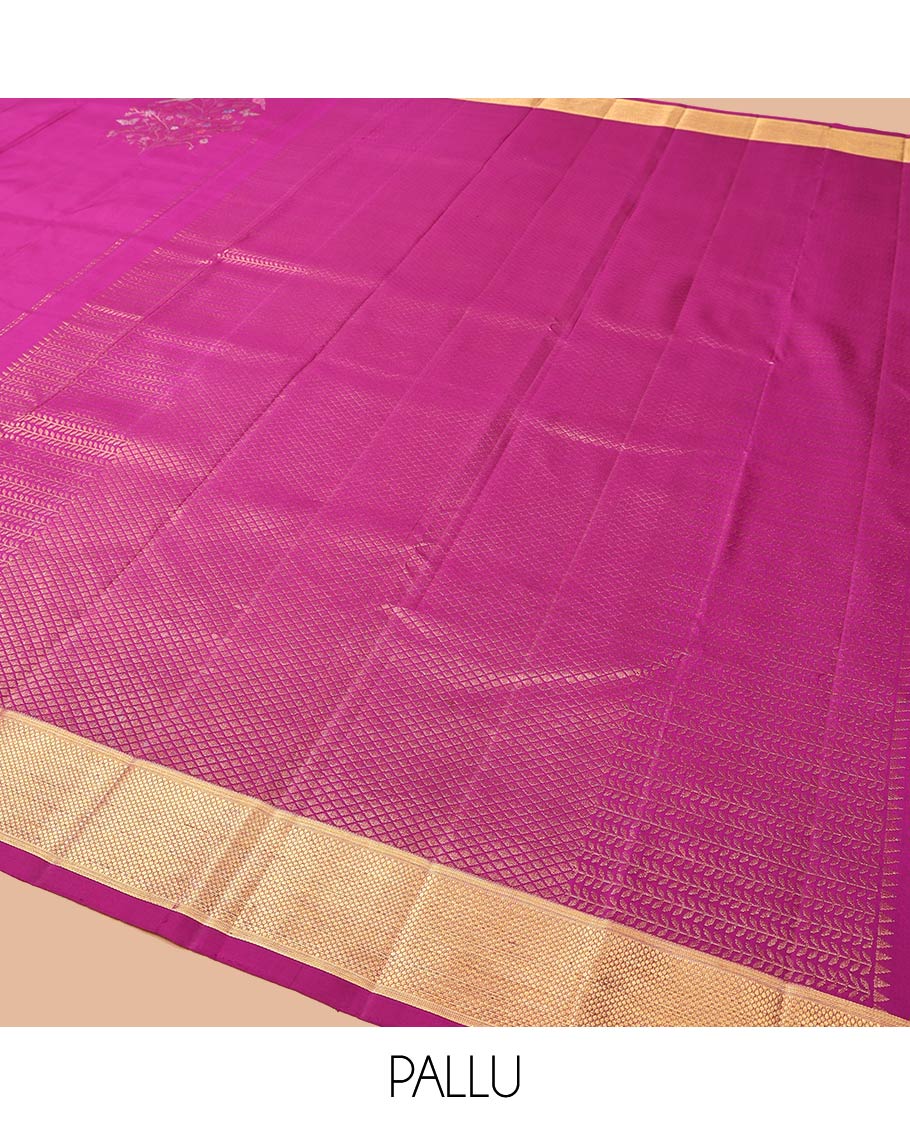 Rani Pink Kanchipuram Designer Silk Saree, Majestically Detailed with Meenakari Floral-Bird Theme Motifs All Over Its Body, Highlighted by a Zari Border of Then Kuli Kann Designs, Grandly Woven Jaal Pallu, and Paired with a Matching Blouse