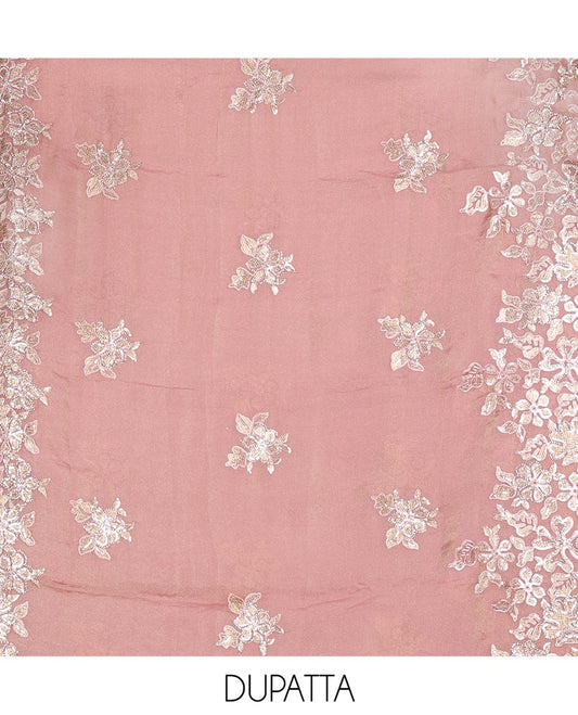 Pink Material Churidar Set, Artfully Detailed with an Floral Motifs Embroidered on Its Nc Moss Organza Top, Plain Santoon Bottom, and Nc Moss Organza Scallop Dupatta of Floral-Leaf Embroidery