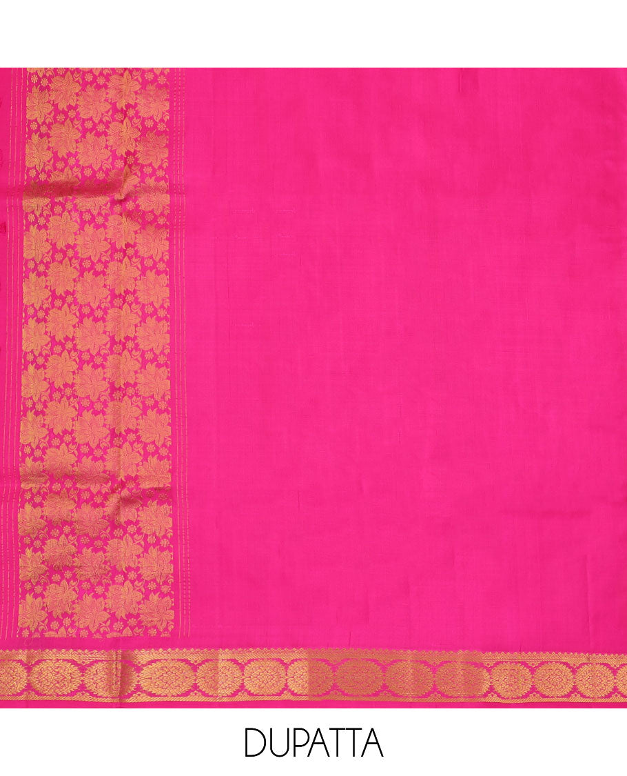 yellow floral buttas pure silk half saree with contrast intricate zari design border, zari design blouse & floral zari design dhavani