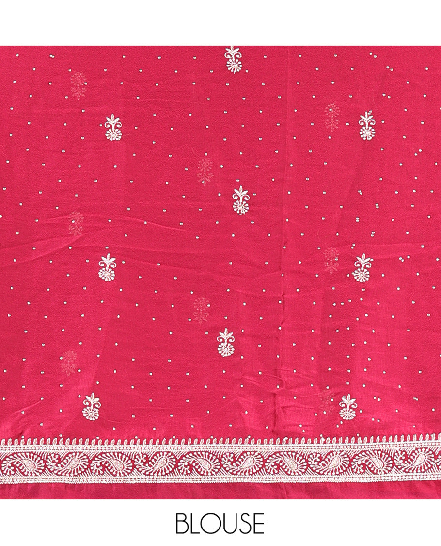 Rani Pink Georgette Half-Saree Featuring Embroidery Skirt, Floral Embroidered Border, Matching Blouse, Embroidered Dhavani