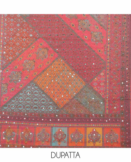 Rani pink ajrak digital print, mirror, stone  work organza chudidhar material top with santton material pant & floral digital print, mirror work dupatta