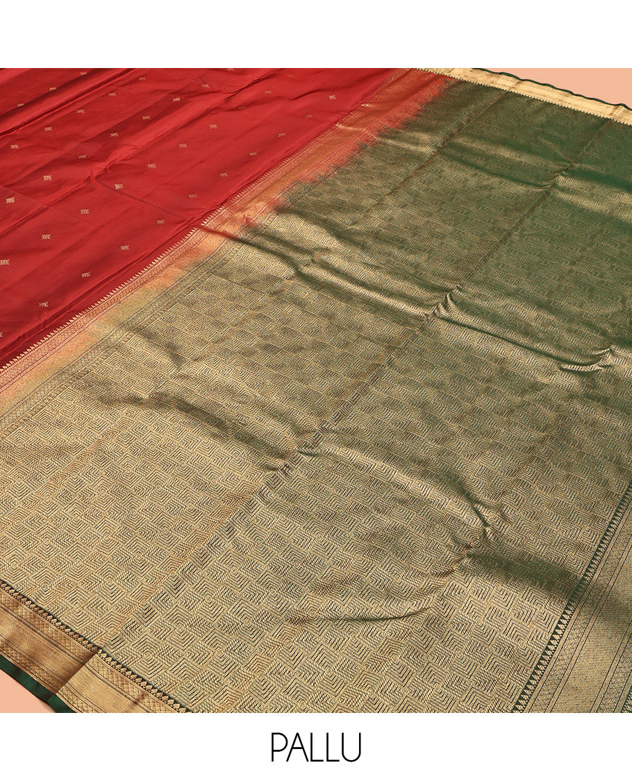 Red Vasundhara Lite Silk Mix Saree, Finely Crafted with Zari Buttas, Complemented by a Contrast Border of Manga, Mayil Kann, and Zari Design, Geometric Pallu, and a Contrast Blouse