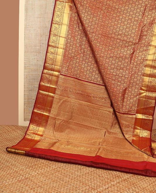 Brown ogee design kancheepuram silk saree with self border of muthu, banaras, kodi visiry design & zari design pallu