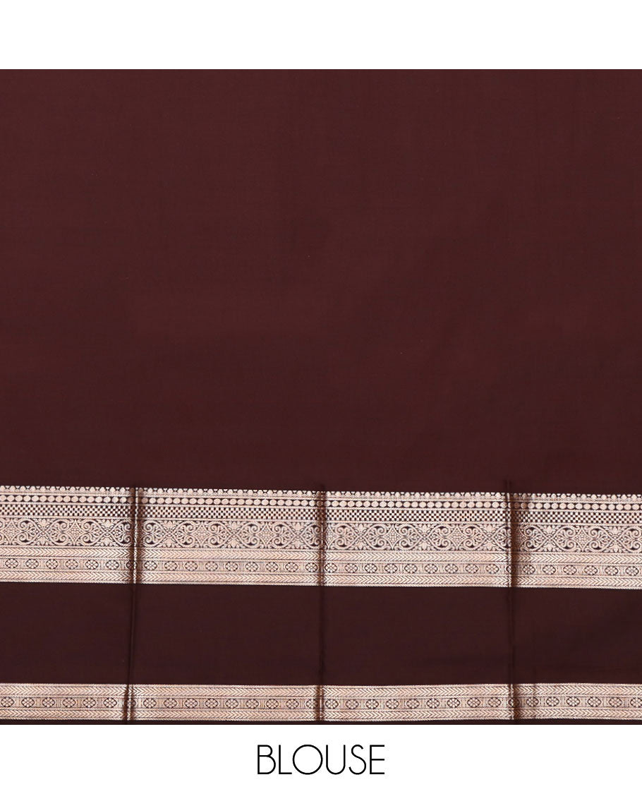 Orange Budget Silk Saree, Finely Crafted with Zari Buttas, Complemented by a Contrast Traditional Zari  Rettai Pettu Border, Grand Pallu, and a Contrast Blouse