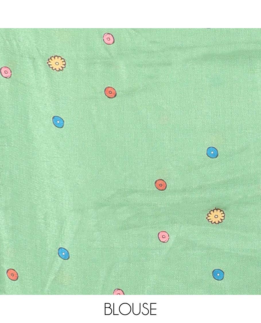 Blue village scenery design half saree with contrast border, buttas design blouse & village scenery design dhavani