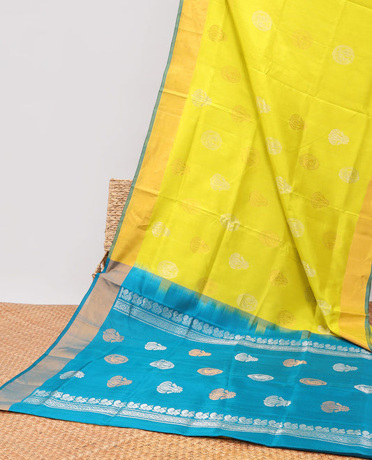 Yellow floral design uppada silk saree with contrast zari border & floral zari design pallu