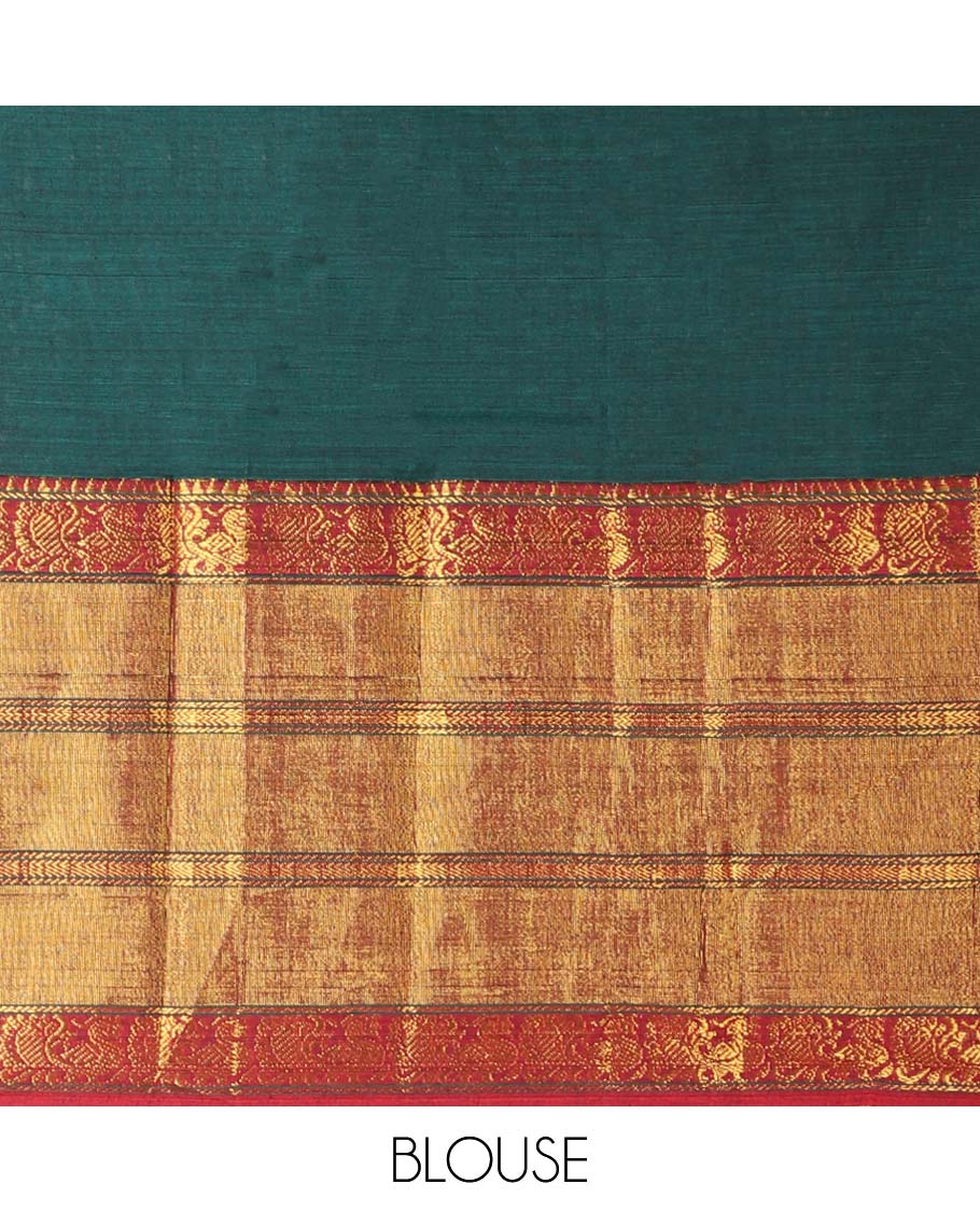 Green mercerised cotton daman zari border half saree with cotton blouse & skya georgette one side zari border dhavani