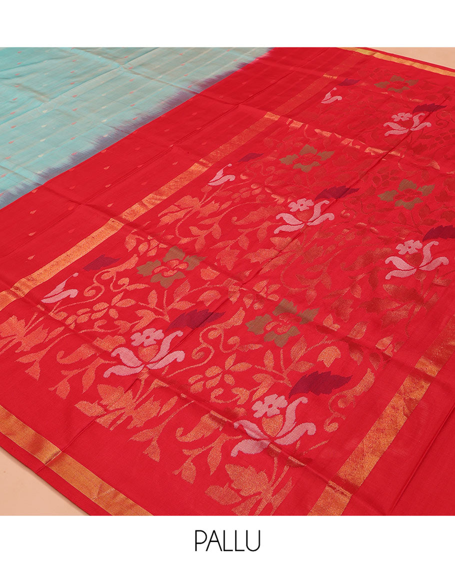 Blue Uppada Silk Saree, Steeped with Meena Buttas All Over Its Body, Subtle Piping Border, Complemented  by Contrast Pallu of Floral Jaal Designs, and Paired with a Contrast Blouse