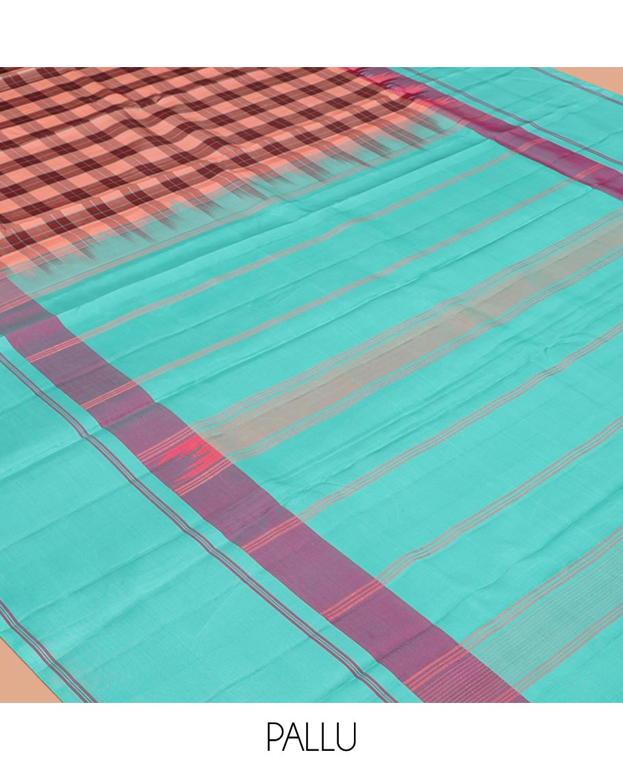 Multi-Color Palum Pazhamum Checked Kanchipuram Silk Saree,complemented by a Contrast Rettai Pettu Thazampoo Rekku Border, Pallu of Stripes, and Paired with a Contrast Blouse