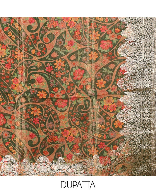 Green material chudidhar set, jaal design & embroidered top, plain bottom & intricate print & zari work dupatta