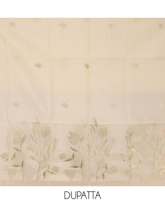 Kerala cream chudidar material, zari floral design woven taffeta silk top, plain santoon bottom & floral zari design dupatta