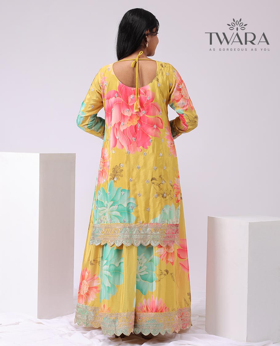 Yellow floral printed, embroidered round neck, 3/4/ th sleeve, knee lenght with floral print palazo & embroidered dupatta