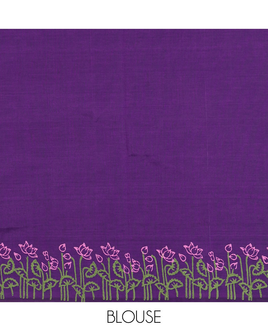 Borderless violet camel motifs and geometric patterns, handblock printed poly cotton saree, handblock printed pallu, and contrast printed blouse