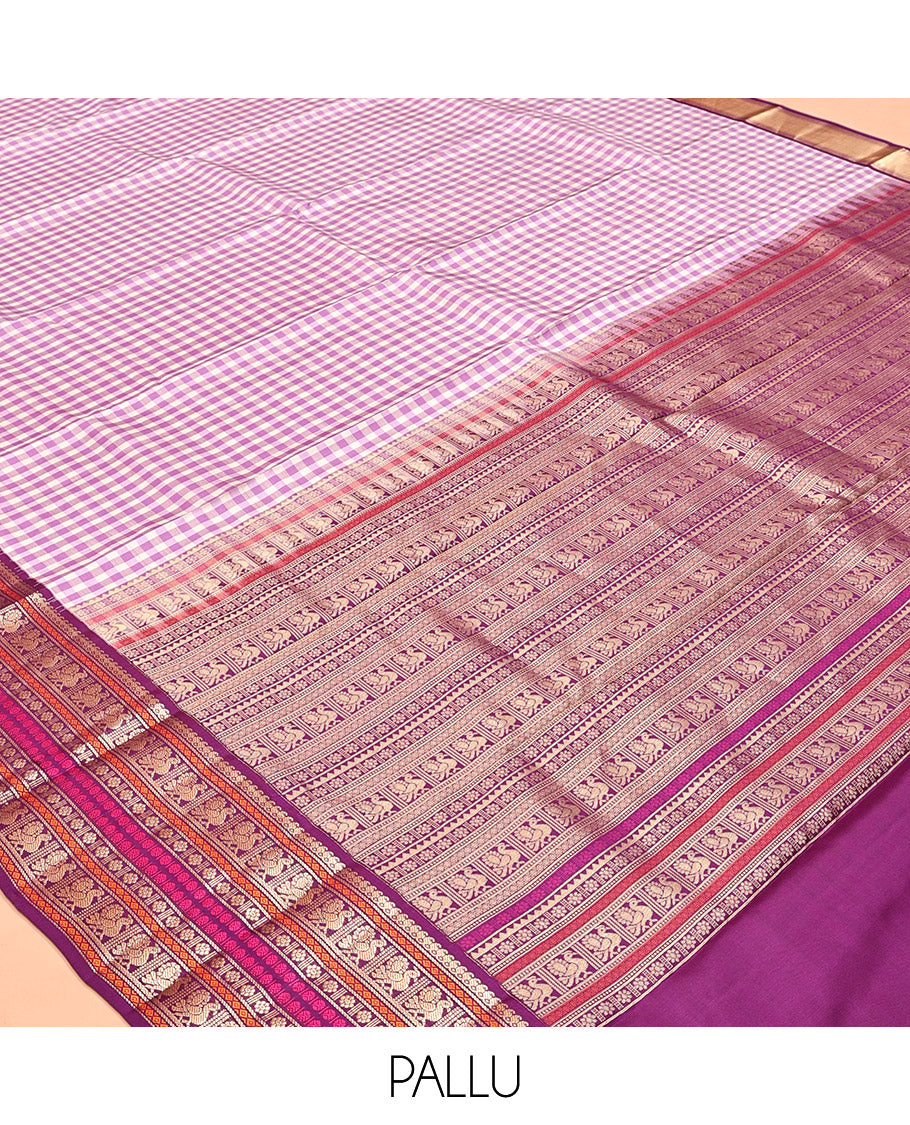 Light Purple Checked Kanchipuram Silk Saree, a Contrast Korvai Border of Manga Mokku, Diamond, Mayil, Kamalam, and Poun Designs, Traditional Pallu, and a Contrast Blouse