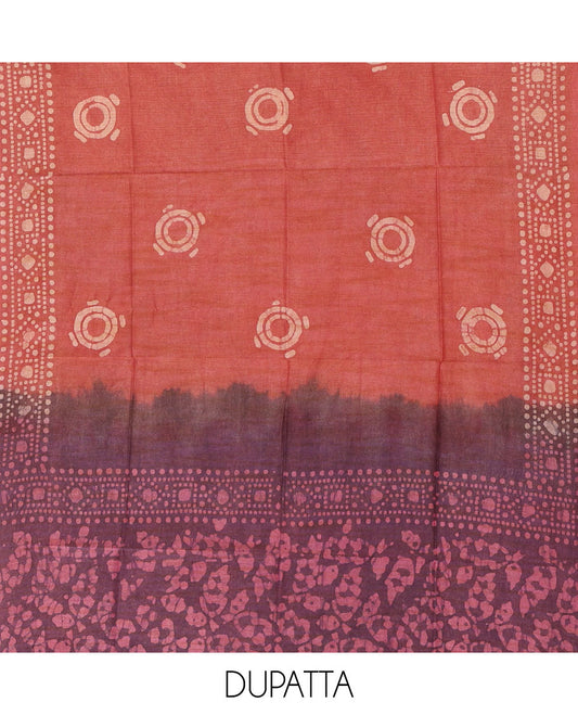 Onion pink chudidhar material, leaf batik-print bhagalpuri cotton top,contrast batik-print bottom & dual-color printed mul-mul dupatta
