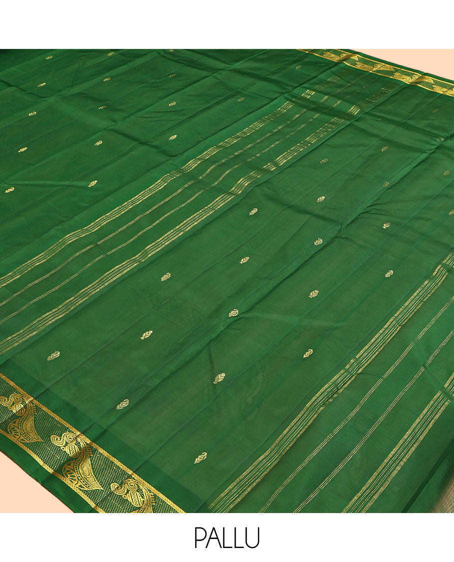 Green Kanchipuram Silk Saree, Woven with Zari Buttas, a Musical Instrument Motif Woven Border, Zari Design Pallu, and a Matching Blouse