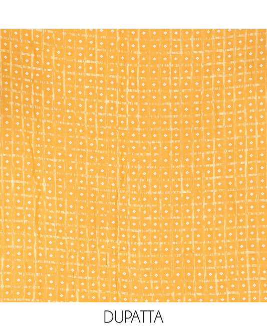 Mustard Vichitra Silk Material Churidar Set, Subtly Made Plain Top, a Plain Santoon Bottom, and Paired with a Vichitra Silk Bandhani Dot Enclosed Checked Dupatta
