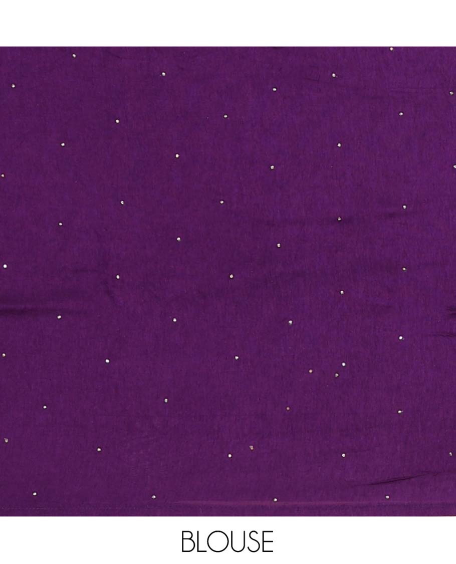 Violet Dola Silk Saree, Uniquely Detailed with Patch Embroidery on Its Body, Highlighted by a Patch Embroidered Border, Pallu Depicts Flora, Fauna, and Human Design Embroidery, and Paired with a Matching Blouse