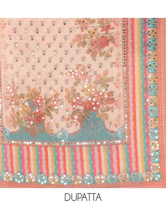 Multi-color floral print, mirror work simmer georgette chudidhar materila top with santton material pant & floral print, mirror work dupatta