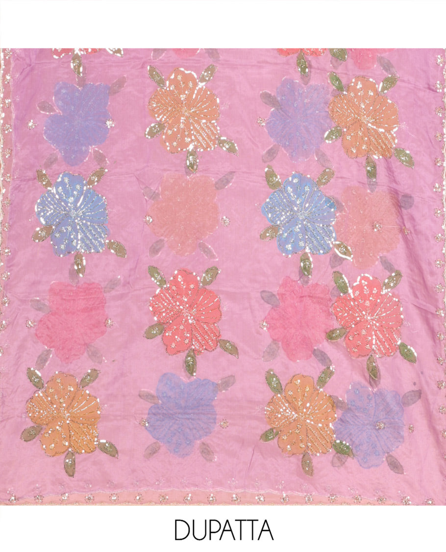 Lavender Vichitra Silk Material Chudidar Set, Accentuated with Pom-Pom Necklined Top, a Plain Santoon Bottom, and Paired Scallop Multi-Color Floral Embroidered Organza Dupatta