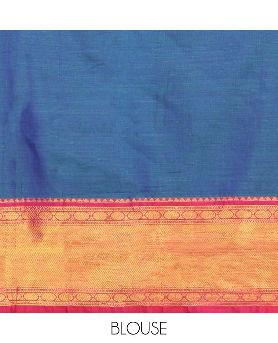 Ink blue cotton half saree with contrast traditional zari design border, floral design blouse & floral design border dhavani