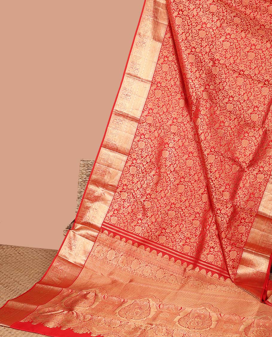 Red floral jacquard kancheepuram silk aree with self intricate zari border & floral zari design pallu