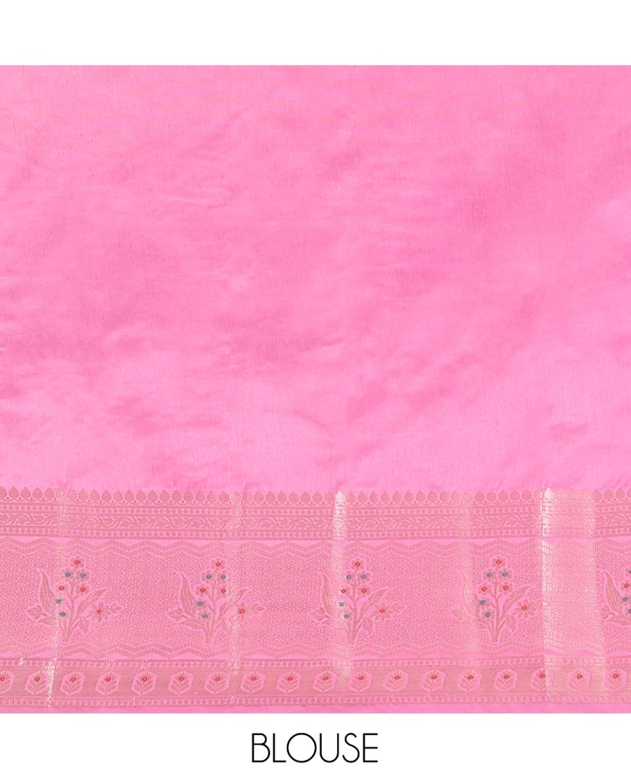 Rani Pink Green-Mango-Silk Saree, Bedecked with Floral Zari Buttas All Over Its Body, Complemented by a Contrast Meenakari Zari Floral Design Border, Grand Pallu, and Paired with a Contrast Blouse