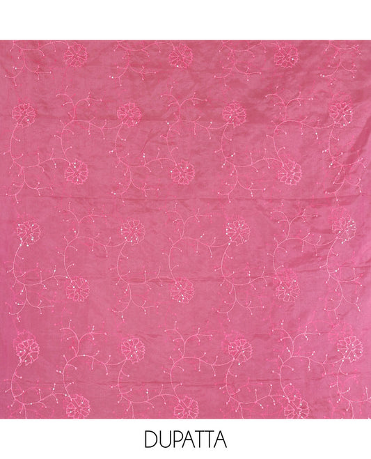 Pink churidar material set, floral print with thread outlined organza top, plain santoon bottom, and floral vine sequins embroidered organza dupatta