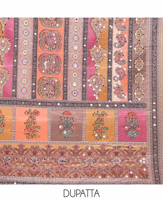 Golden color shifli sequins work, swarovski stone, moti work georgette chudidhar material top with american crepe pant & chinnon material digital print , mirror work dupatta