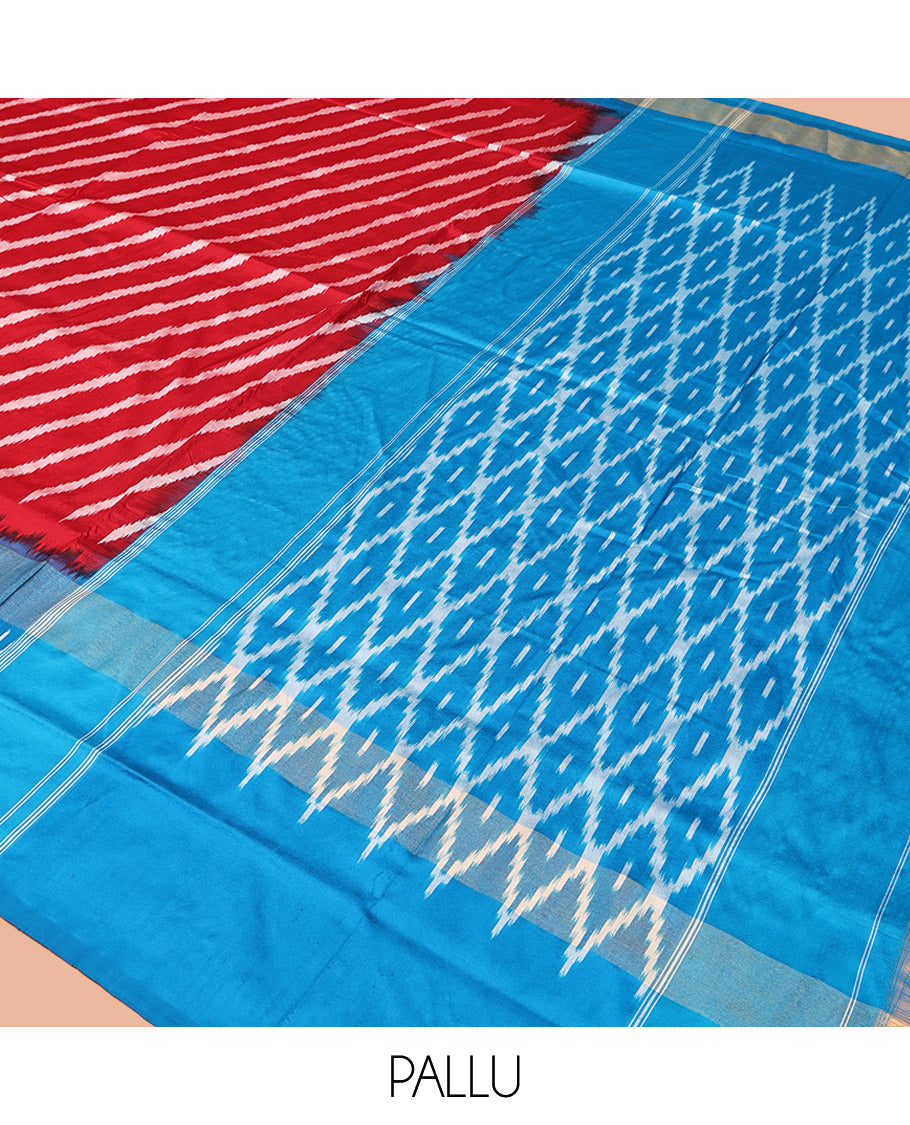 Red Pochampally Ikat Silk Saree, Delicately Woven with Stripes on Its Body, Complemented by a Contrast Border of Stripes, Pallu of Butta Enclosed Jaal Designs, and Paired with a Contrast Blouse