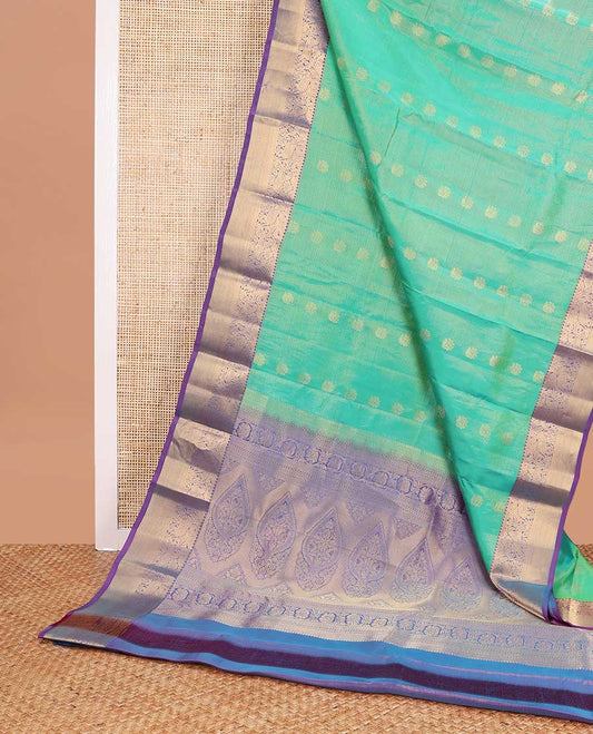 Sea green striped, motifs vasundhara elite silk saree with contrast border of temple, elephant design & zari design pallu